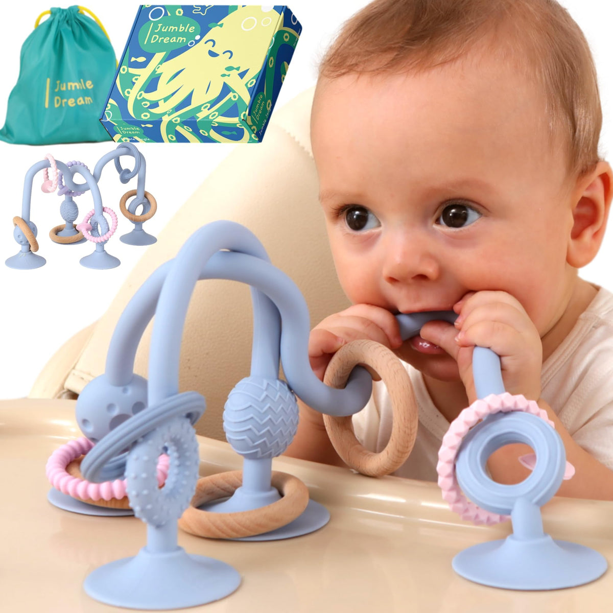 Jumble Dream Jumble Jangle teether with suction for mess-free high-chair play.