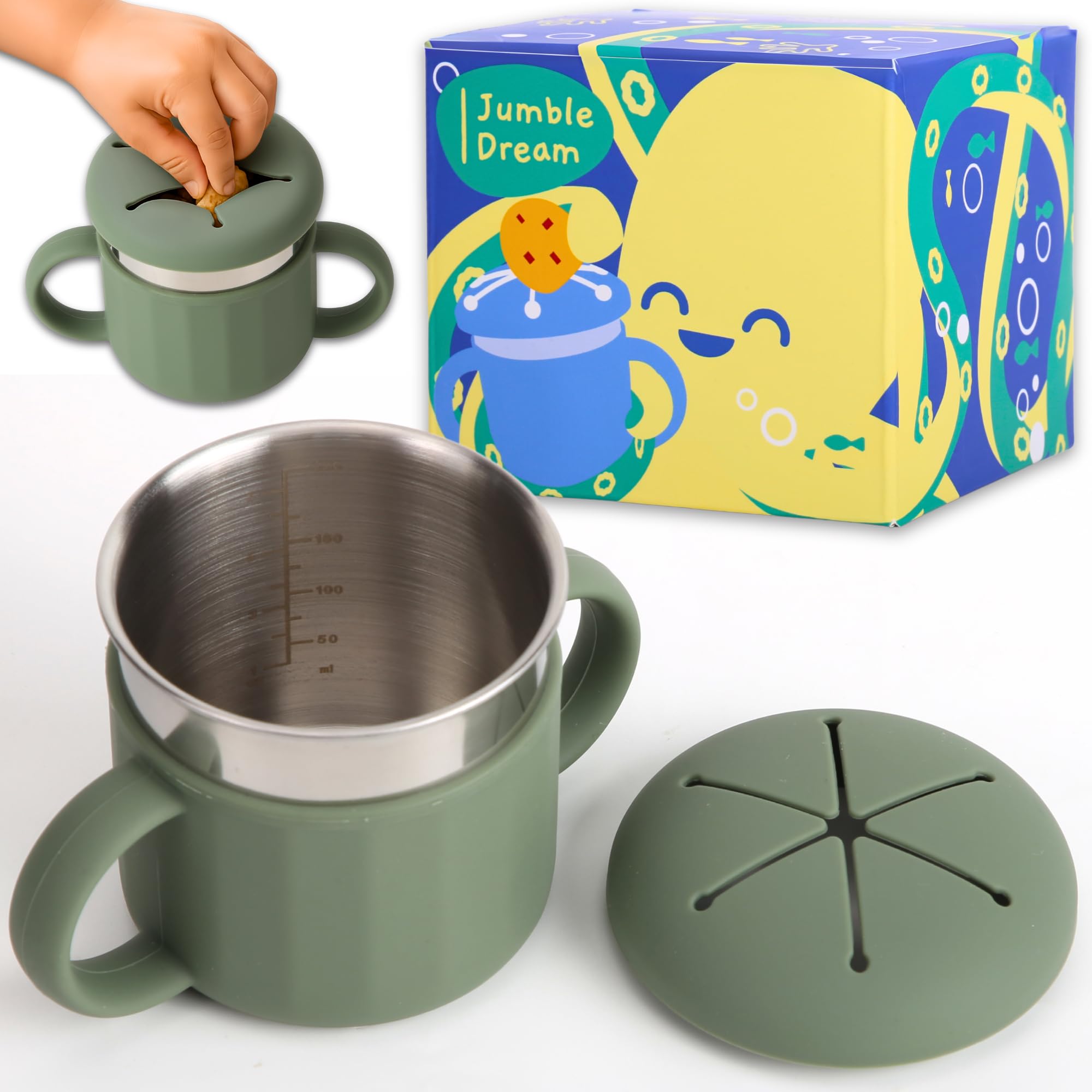 Jumble Dream snack cup spill-proof lid shown keeping snacks contained during playtime.