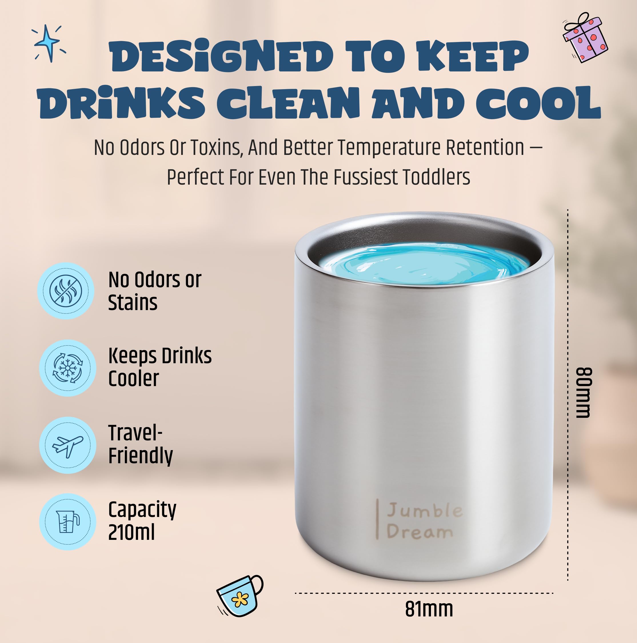 Jumble Dream cup designed for travel fits stroller trays and car seats.