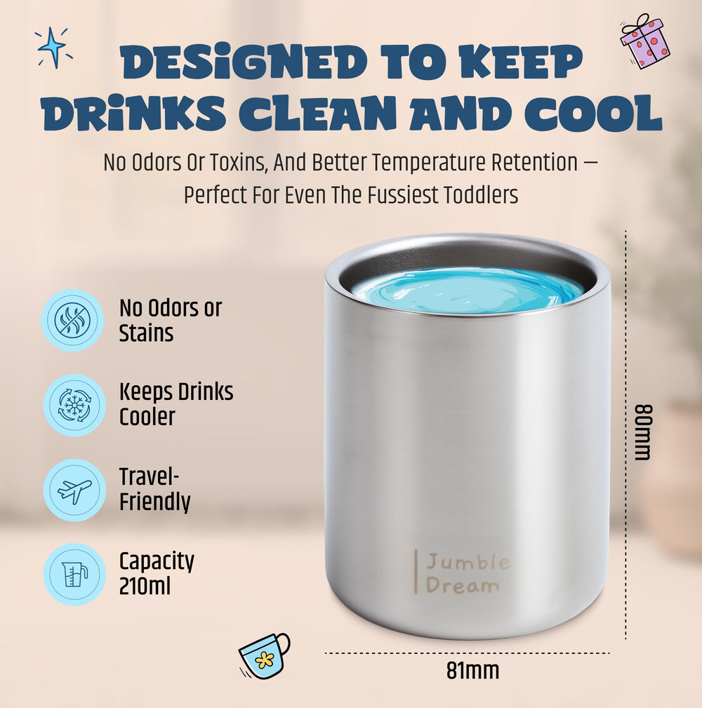 Jumble Dream cup designed for travel fits stroller trays and car seats.