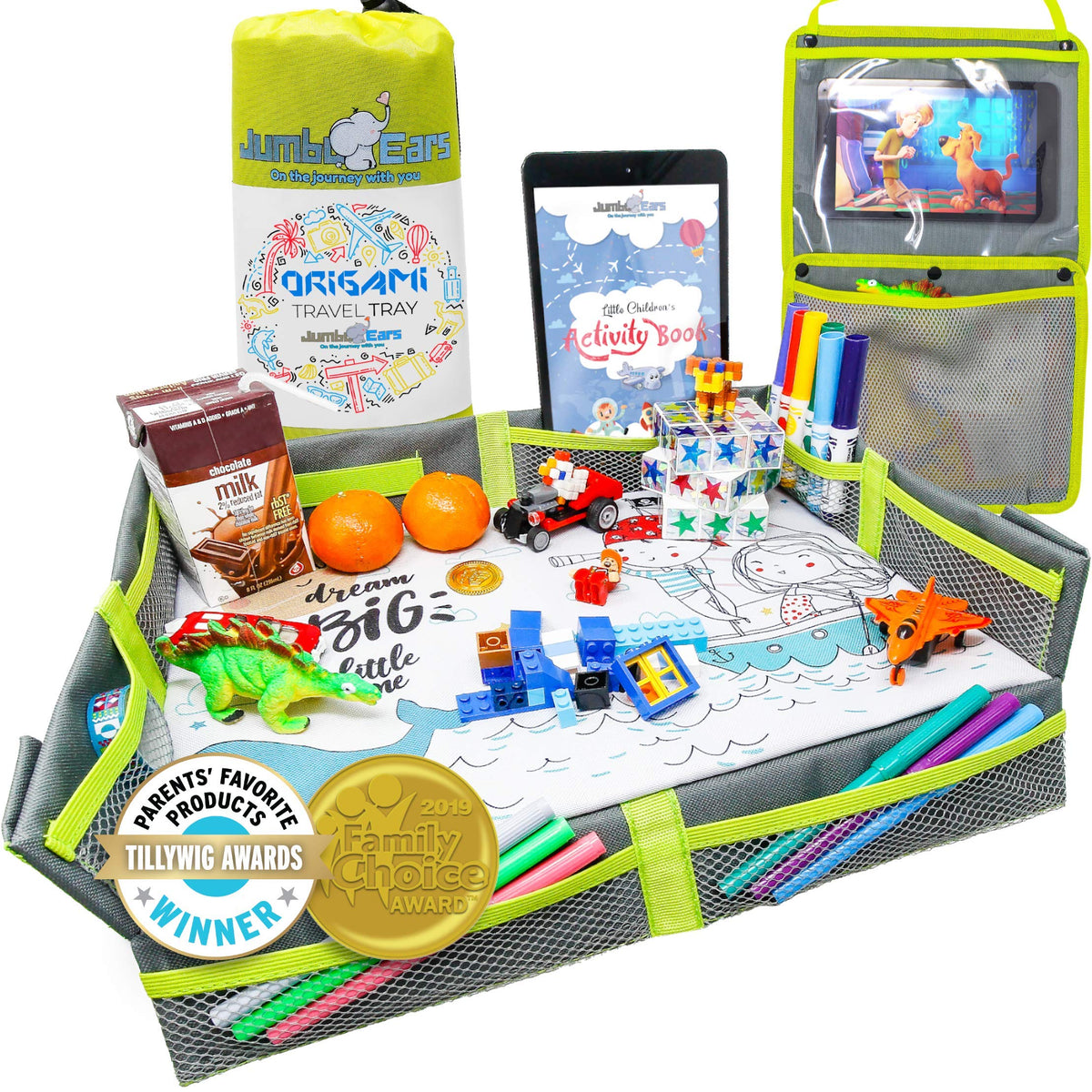 Jumbo Ears Origami travel tray folded for compact setup and easy storage on trips