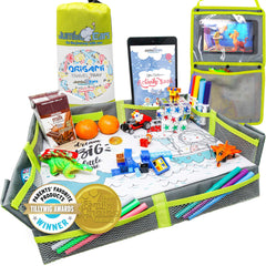 Jumbo Ears Origami travel tray folded for compact setup and easy storage on trips