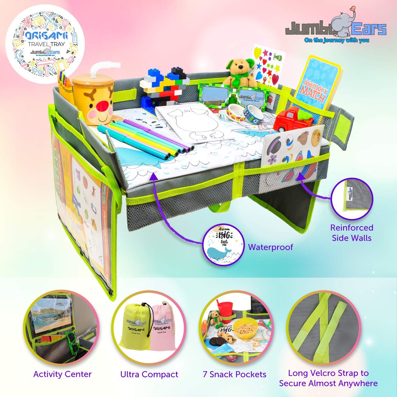 Jumbo Ears Origami travel tray folding feature makes on-the-go setup quick