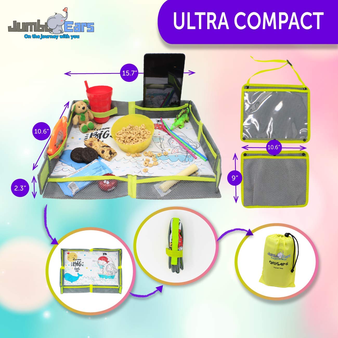 Jumbo Ears Origami travel tray with tablet holder supports kid entertainment on flights