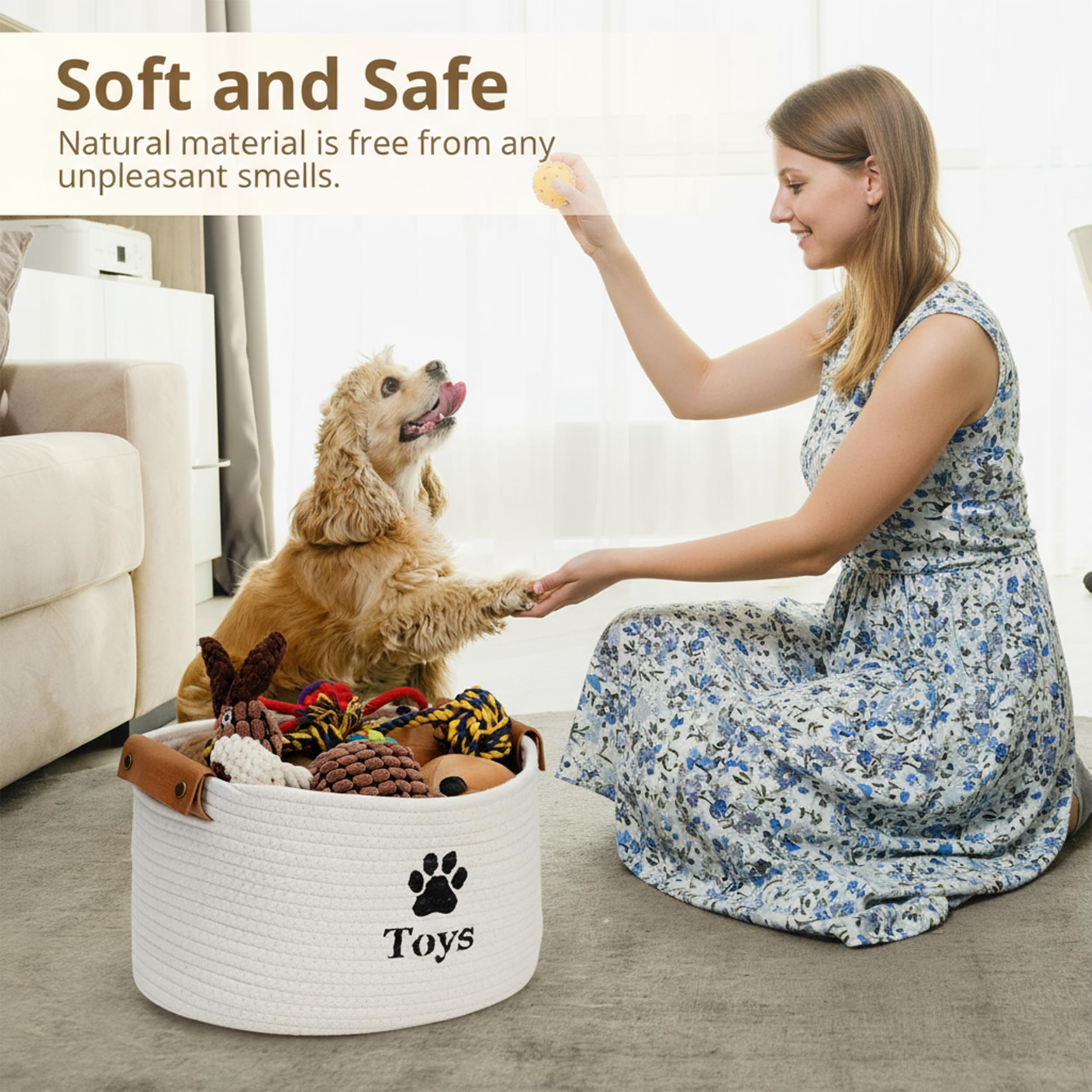 Jumpress Dog Toy Basket Large in living room demonstrates practical organization for pet gear.