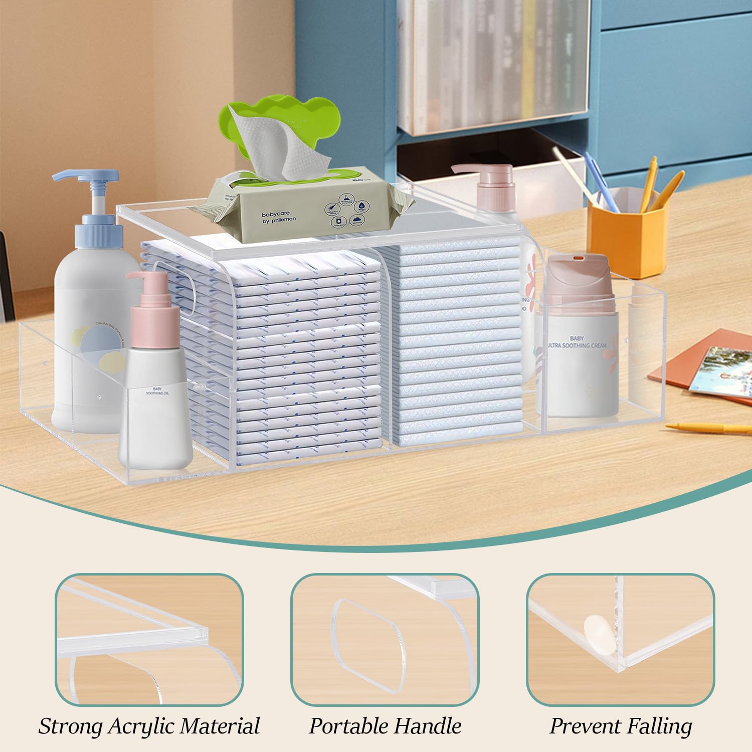 Jumyee Acrylic Diaper Caddy clear material provides easy visibility of essentials