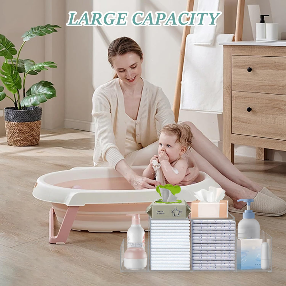 Jumyee Acrylic Diaper Caddy empty organized view demonstrates tidy nursery setup