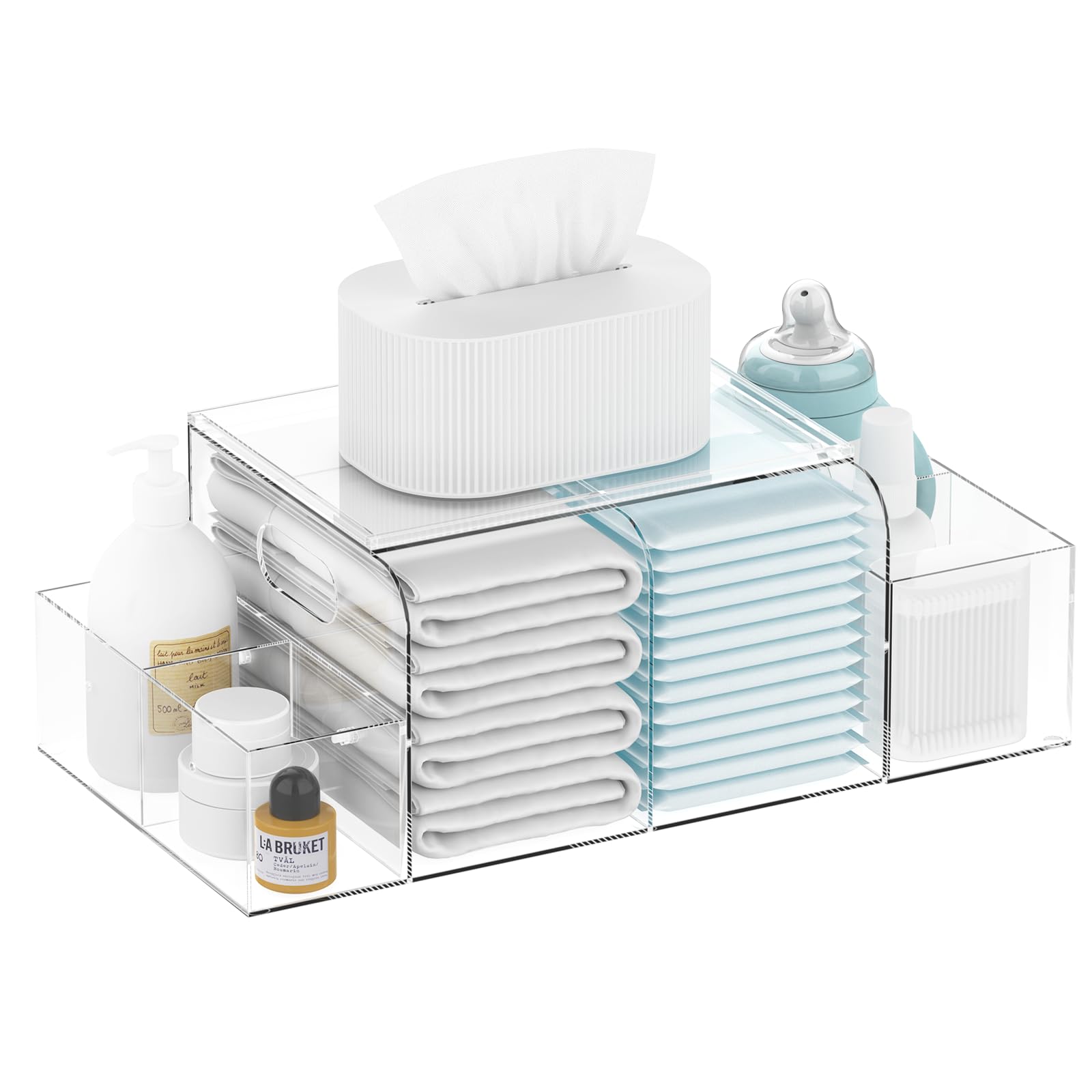 Jumyee Acrylic Diaper Caddy front view with six compartments for easy, organized diaper changes