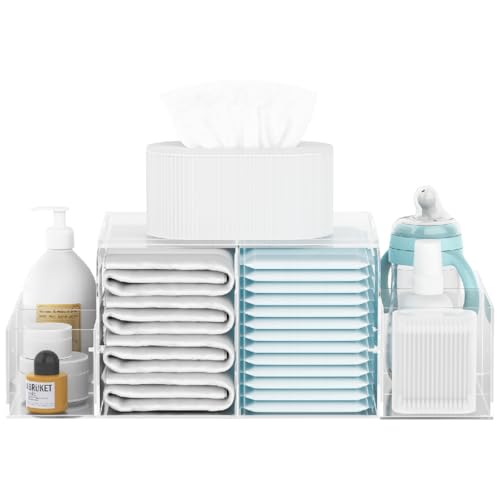 Jumyee Acrylic Diaper Caddy side view showing convenient side pockets for wipes and accessories