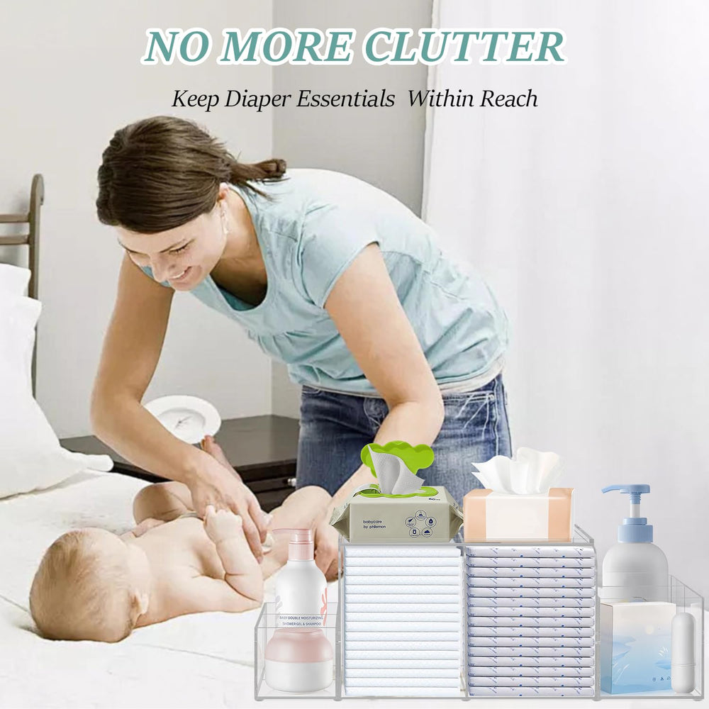 Jumyee Acrylic Diaper Caddy side view highlights accessible storage for wipes and lotions
