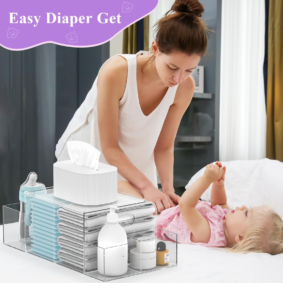 Jumyee Acrylic Diaper Caddy wipes-pocket detail keeps creams and wipes within reach