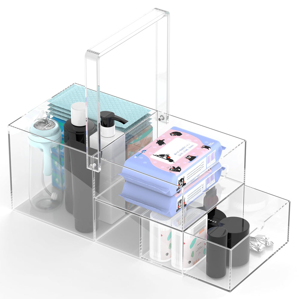 Jumyee diaper caddy acrylic front view showing clear organization for quick, easy access to baby essentials.