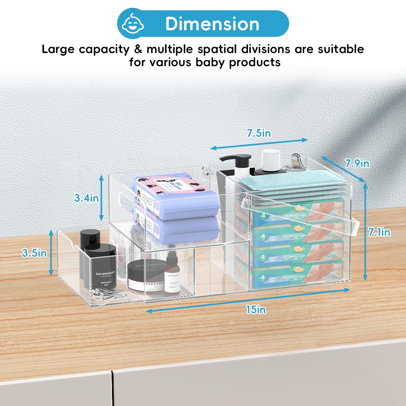 Jumyee diaper caddy drawer open showing pacifiers and small items neatly stored.