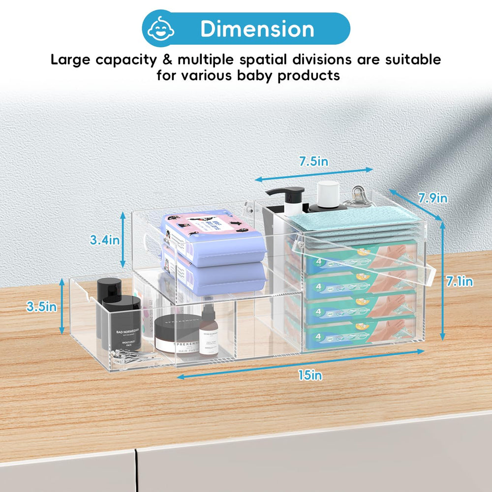 Jumyee diaper caddy drawer open showing pacifiers and small items neatly stored.