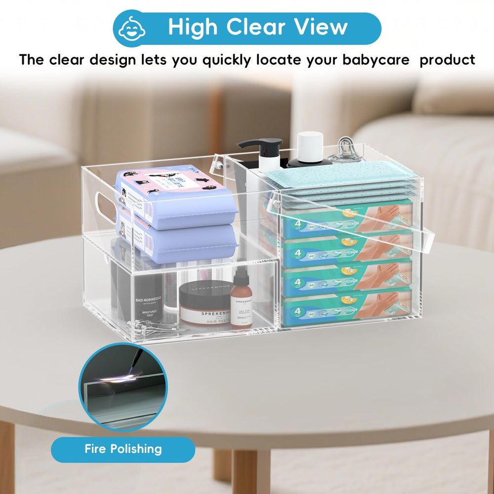 Jumyee diaper caddy in full setup shows three compartments and drawer.