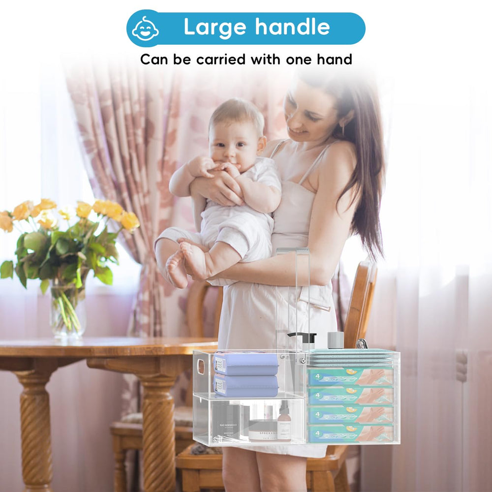 Jumyee diaper caddy wipes compartment organized for quick diaper changes.