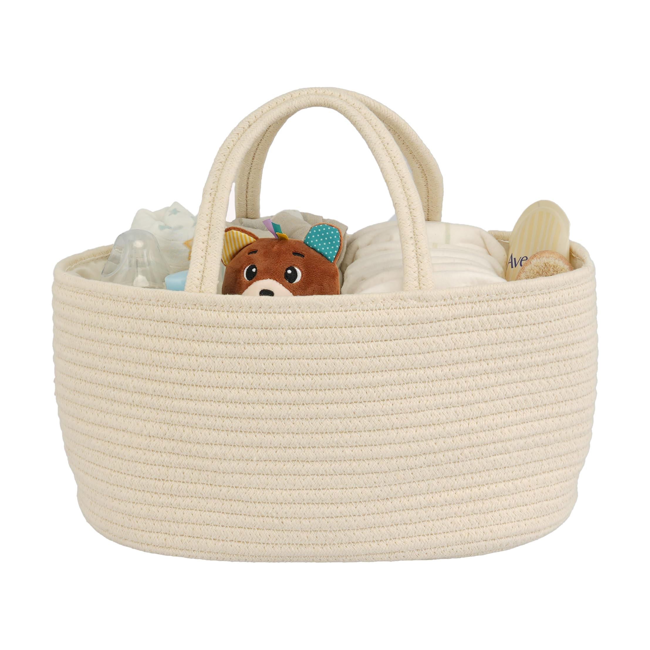 JUNBOLE diaper caddy organizer in beige with roomy compartments for quick diaper changes.