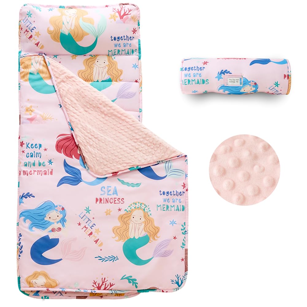 Juncai toddler nap mat rolled up for travel and storage convenience.