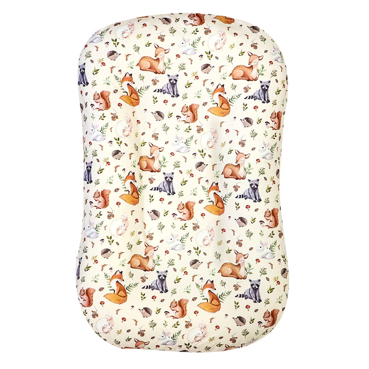 Jundetye baby lounger cover with woodland animals provides cozy newborn comfort during supervised naps.