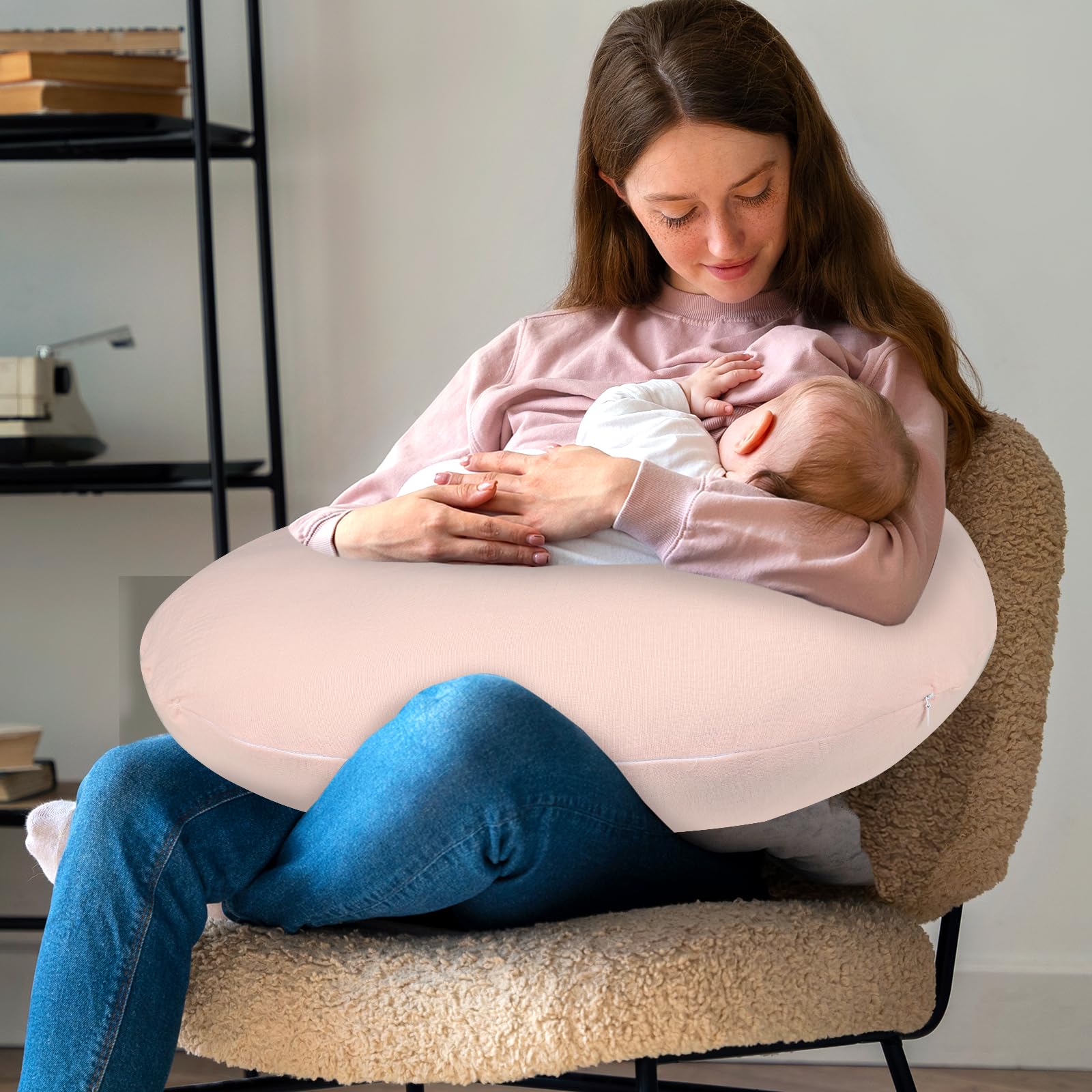 Jundetye baby nursing pillow cover pink stitching detail emphasizes durable edge and gentle touch