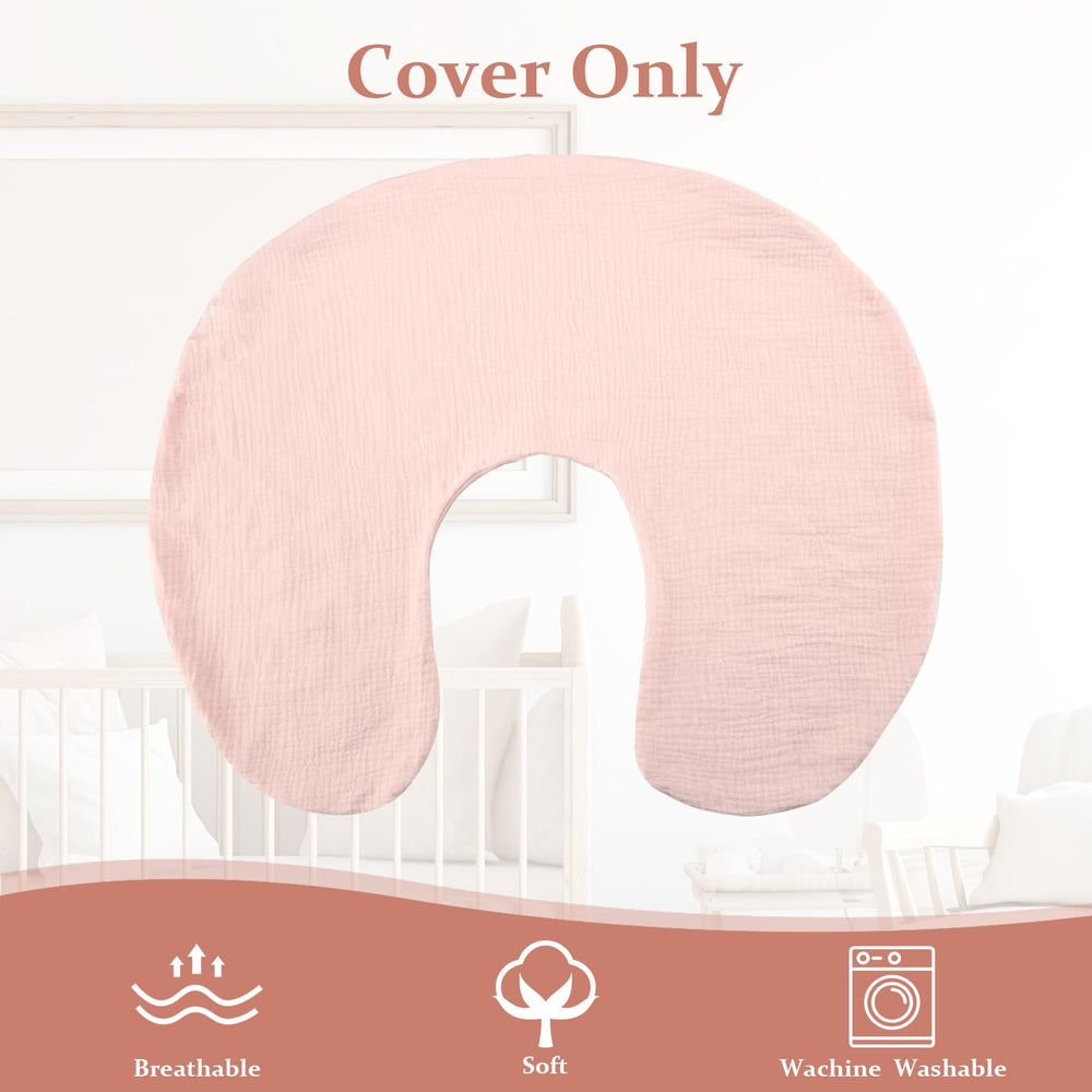 Jundetye baby nursing pillow cover pink in use shows a snug fit on curved pillow