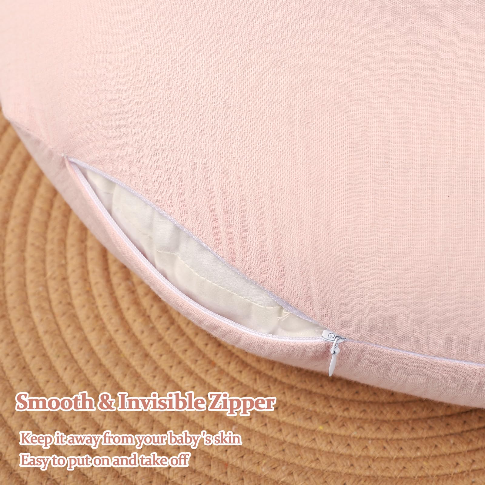 Jundetye baby nursing pillow cover pink zipper closeup demonstrates easy washing access