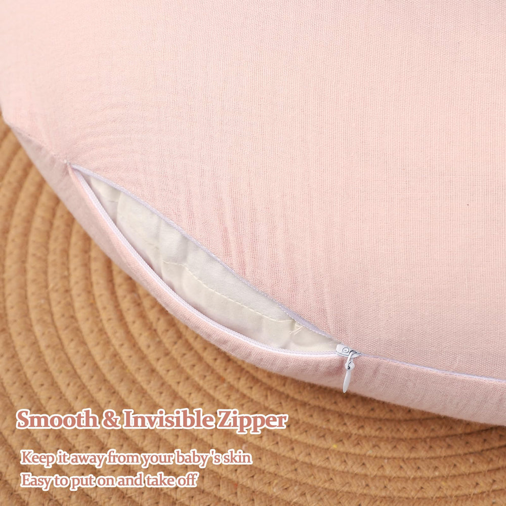 Jundetye baby nursing pillow cover pink zipper closeup demonstrates easy washing access