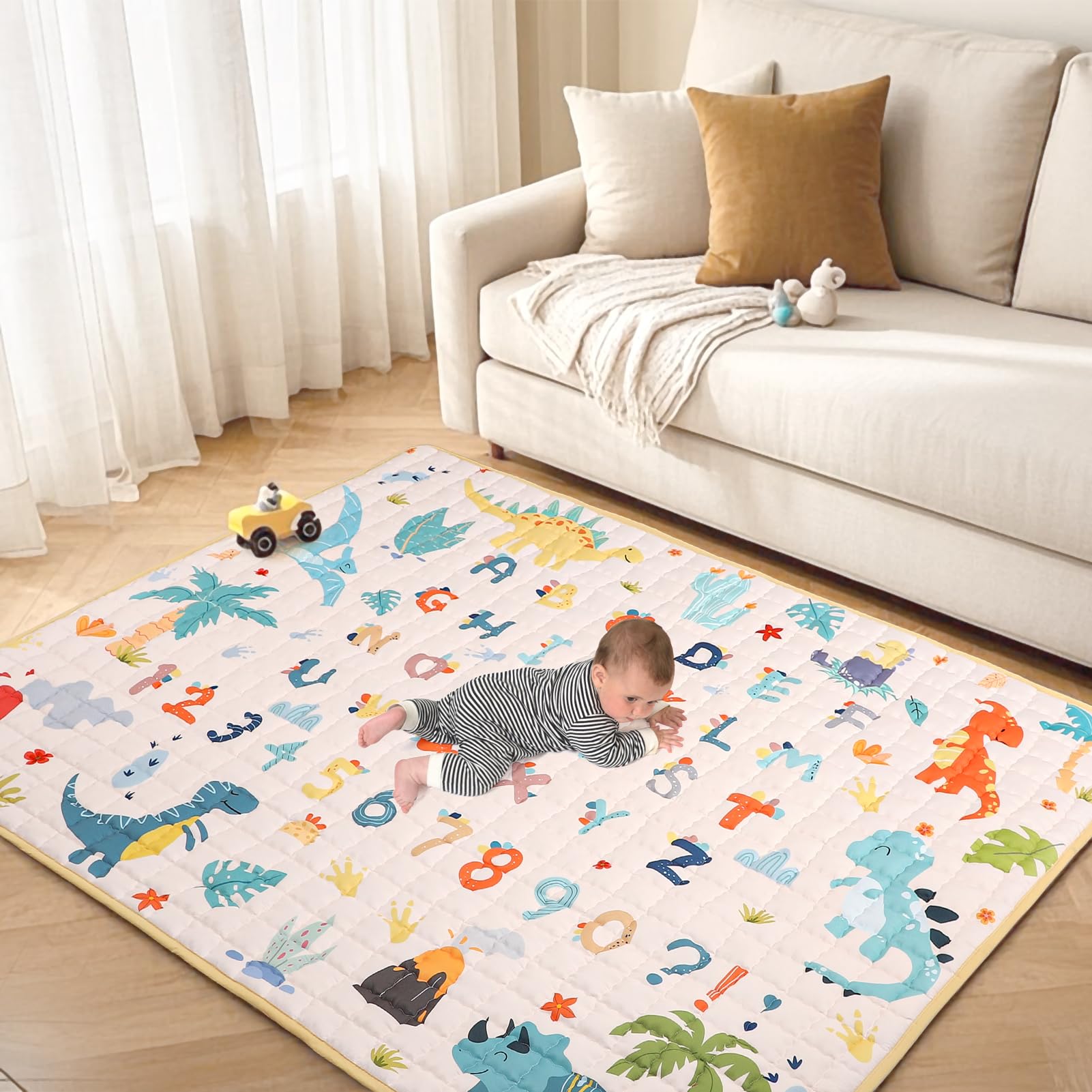 Jundetye mat features silicone-dotted non-slip backing for stable floor play.