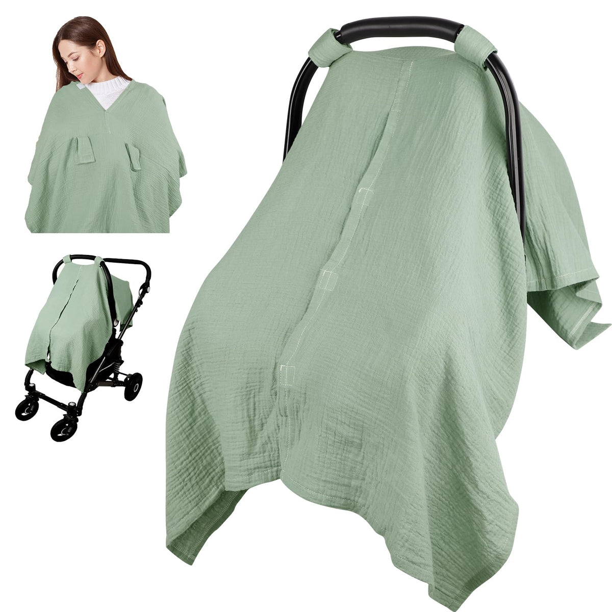Jundetye car seat cover green – overall view shows breathable muslin fabric for summer comfort