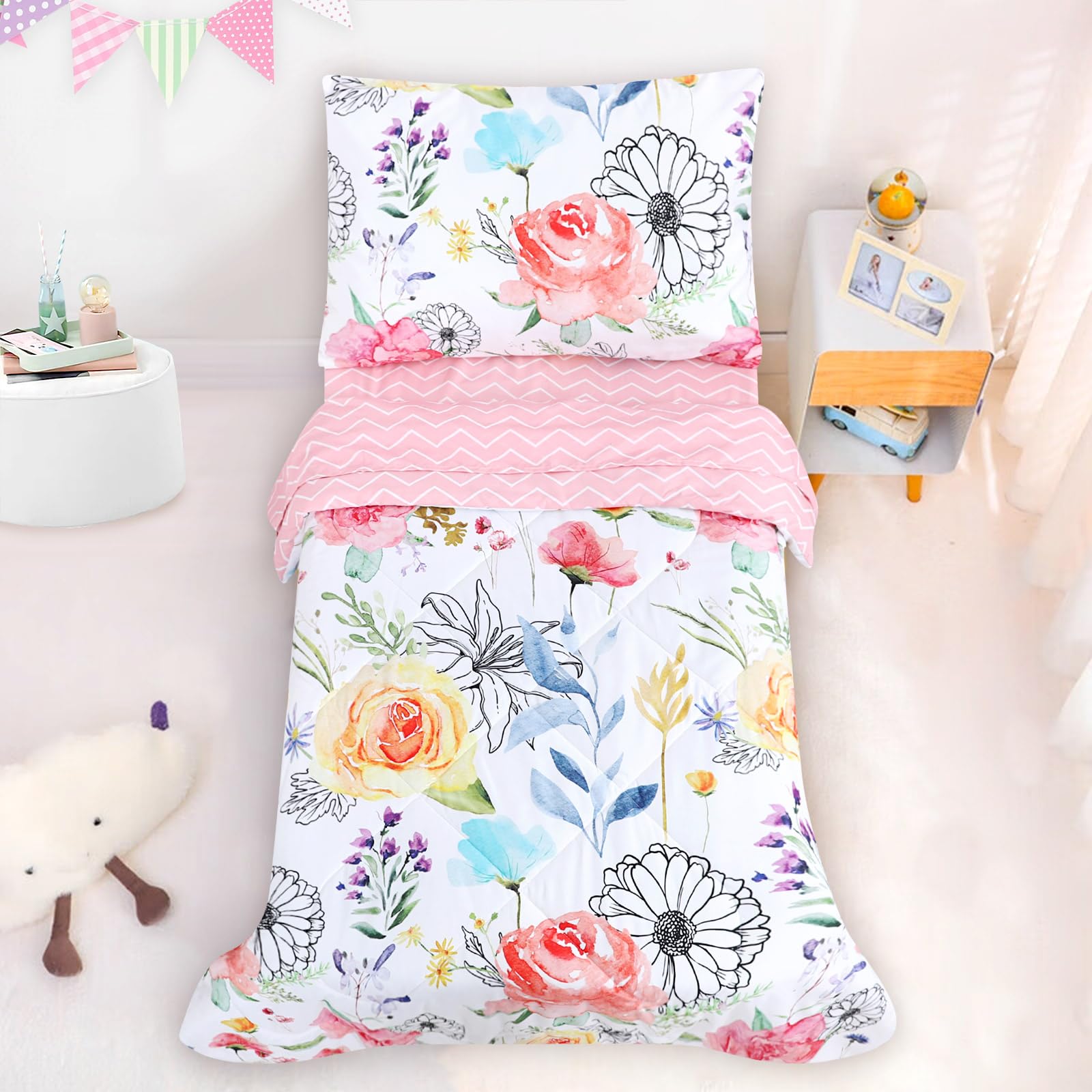 Jundetye floral toddler bedding reversible comforter offers warm, cozy nights for little sleepers.