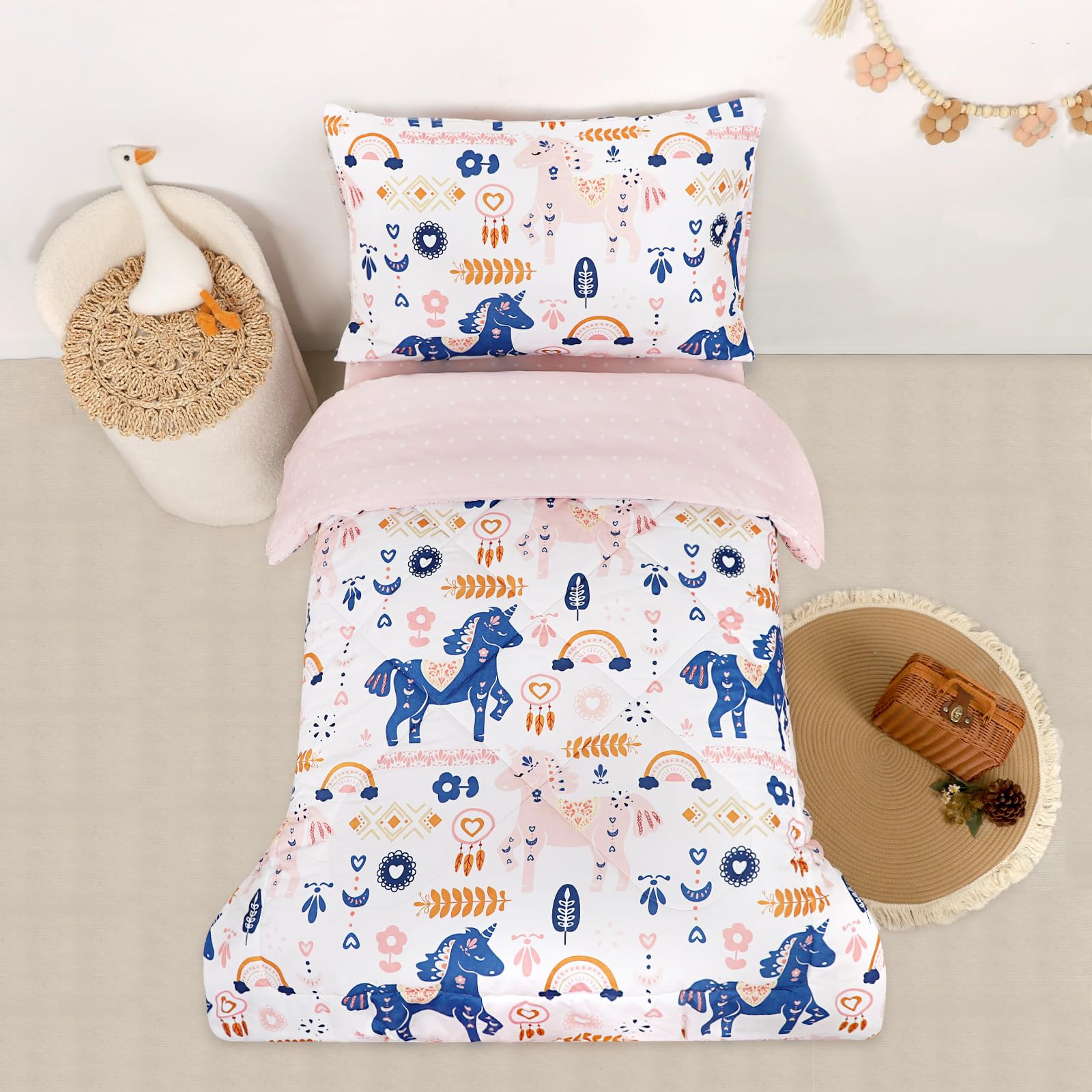 Jundetye nursery layout featuring unicorn bedding enhances cozy bedtime ambiance