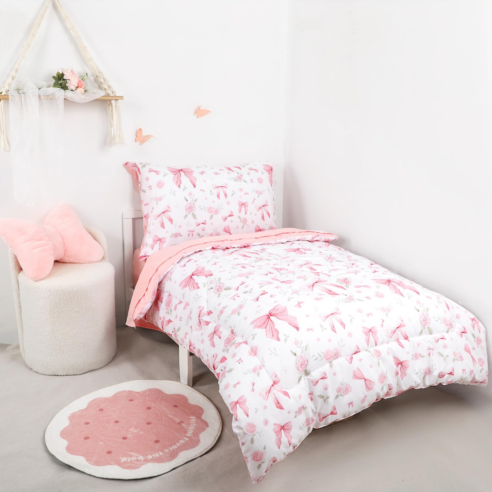 Jundetye Toddler Bedding Pink Rose Nursery Decor Shot demonstrates cheerful room accent
