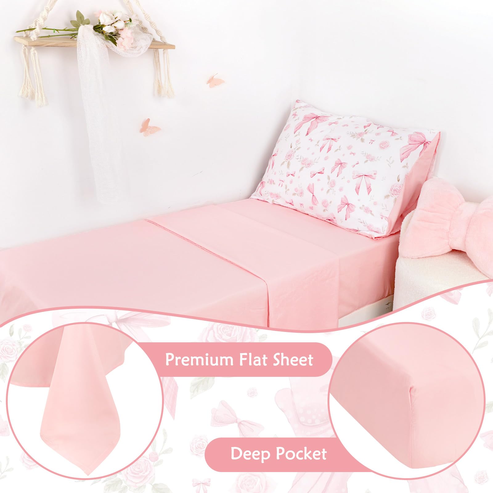 Jundetye Toddler Bedding Pink Rose Fitted Sheet close-up demonstrates breathable polyester for soft nights