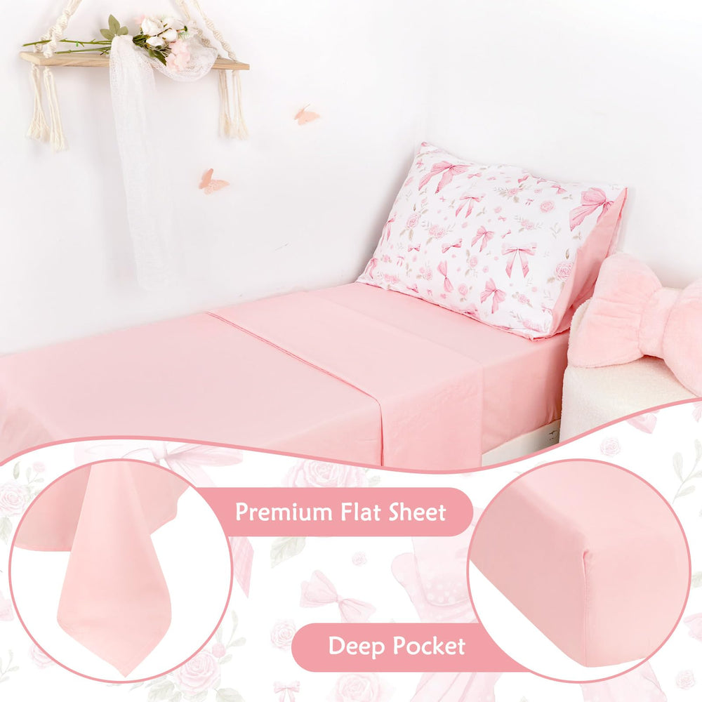 Jundetye Toddler Bedding Pink Rose Fitted Sheet close-up demonstrates breathable polyester for soft nights