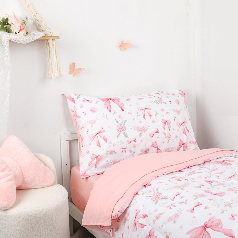 Jundetye Toddler Bedding Pink Rose Flat Sheet texture preview emphasizes smooth, comfortable nursery routine