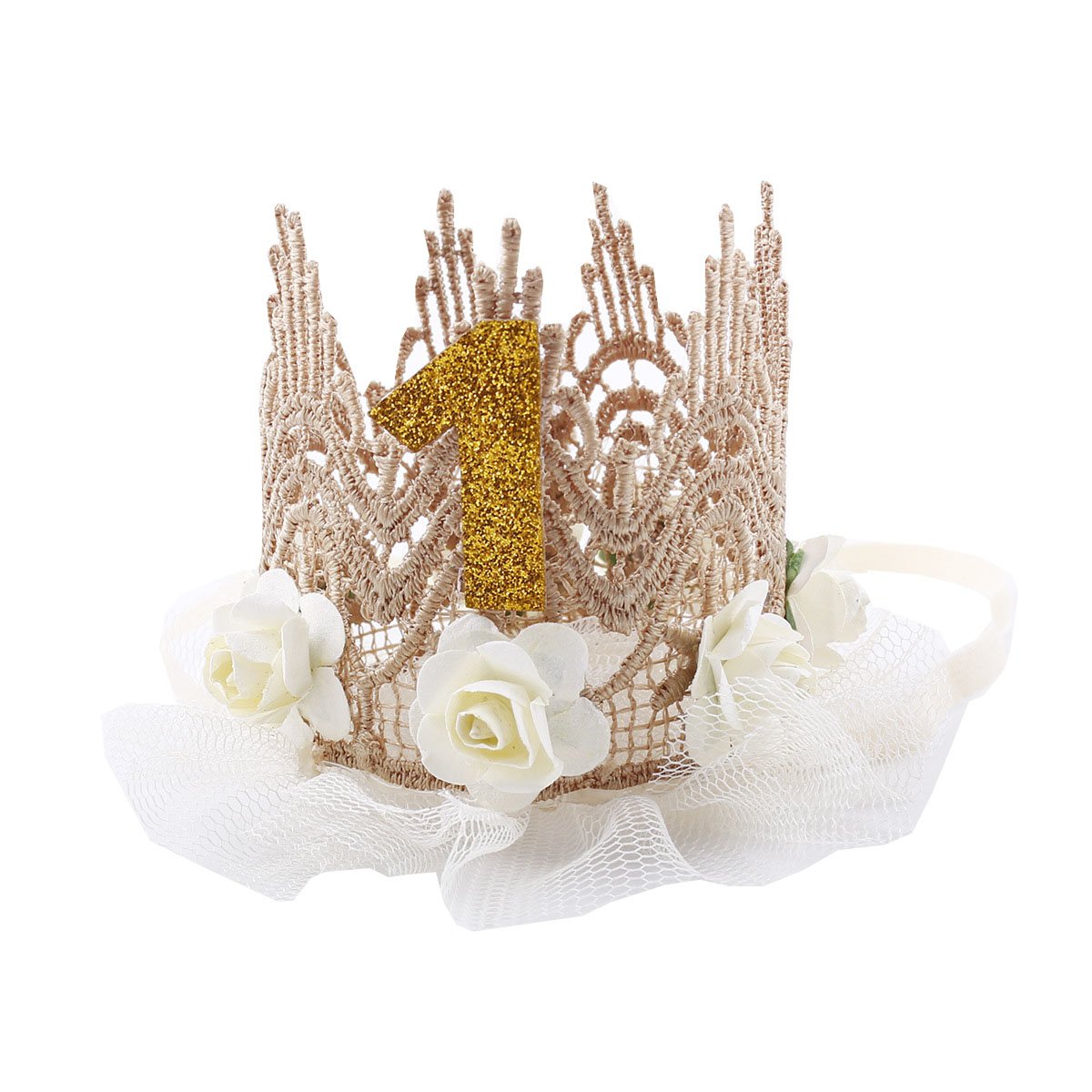 June Bloomy baby crown with lace and roses—ideal for first birthday photos and princess-inspired moments.