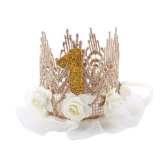 June Bloomy baby crown with lace and roses—ideal for first birthday photos and princess-inspired moments.