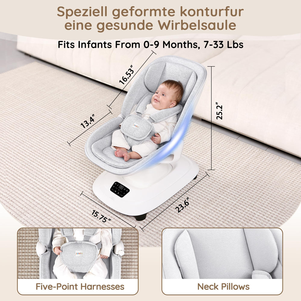 JUNEU baby swing with three adjustable seat positions for feeding and playing