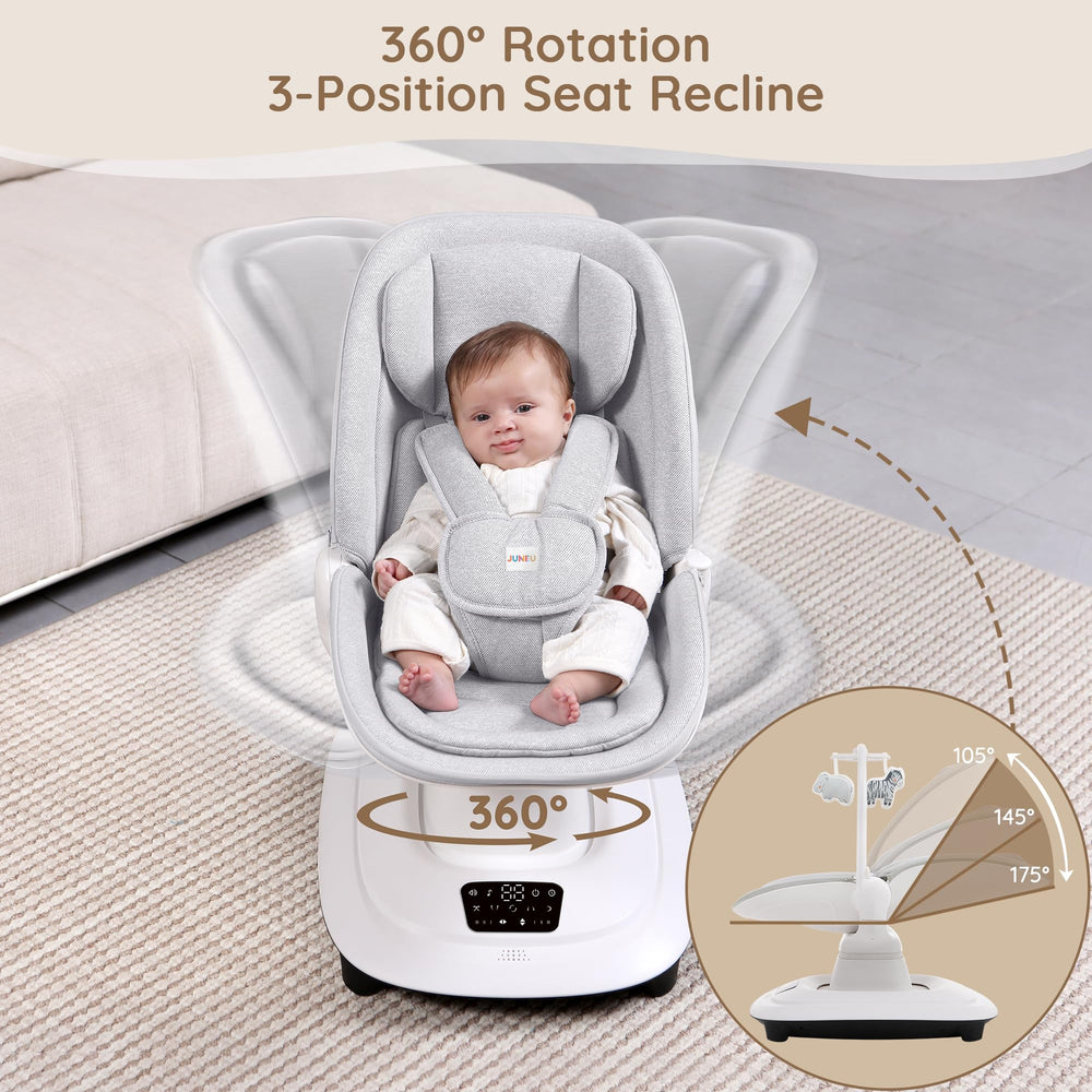 JUNEU baby swing with 5-point harness and sturdy base for safety