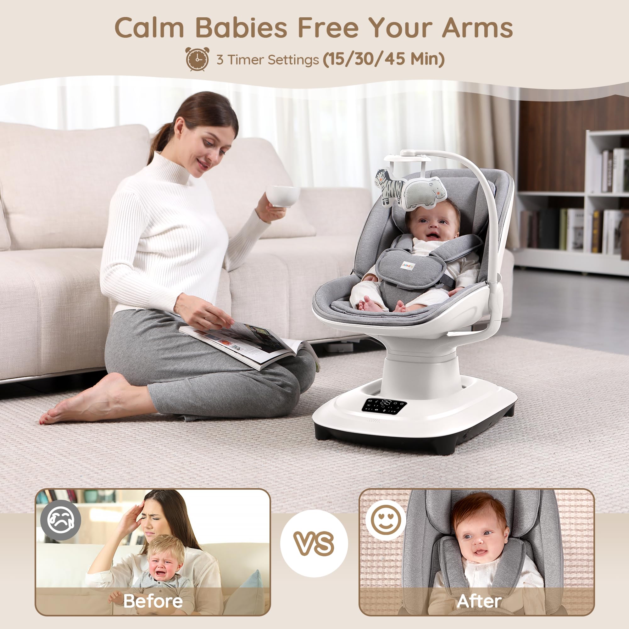 JUNEU 5-point harness keeps baby secure during use