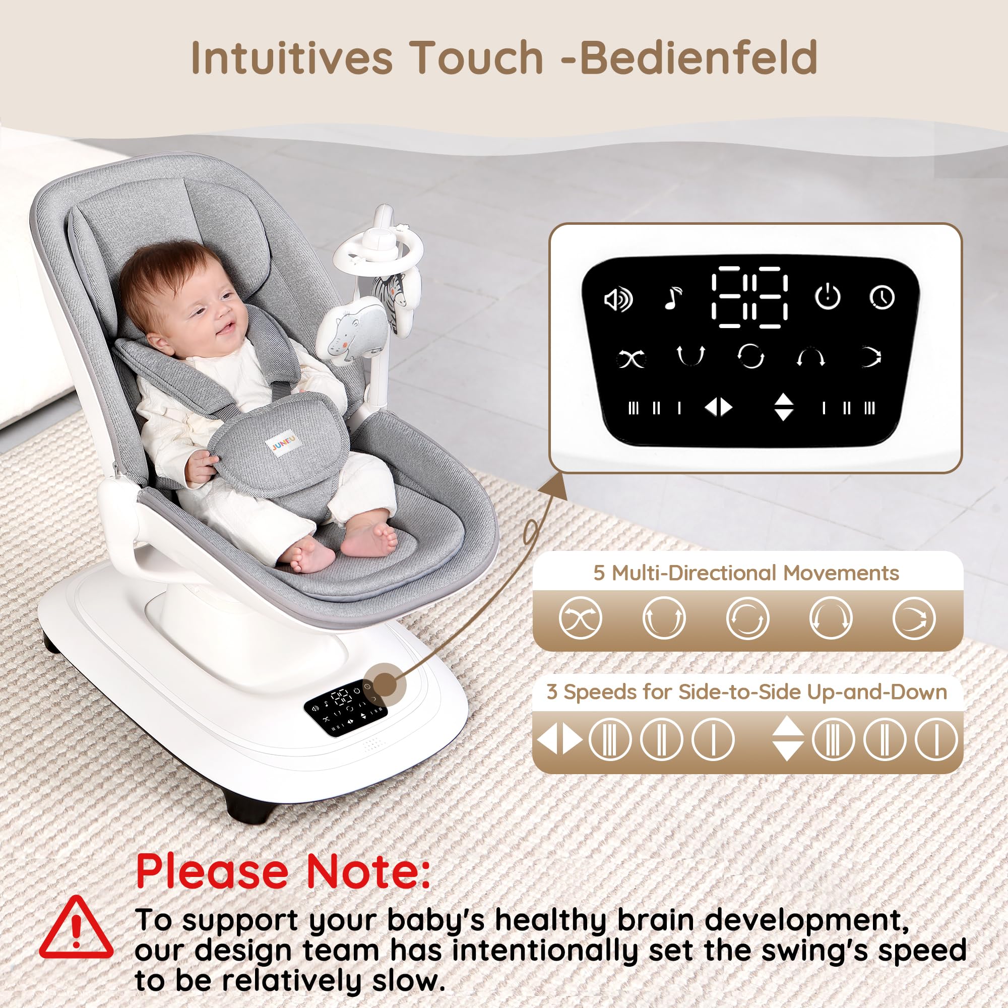 JUNEU baby swing seat positions for feeding, playing, relaxing