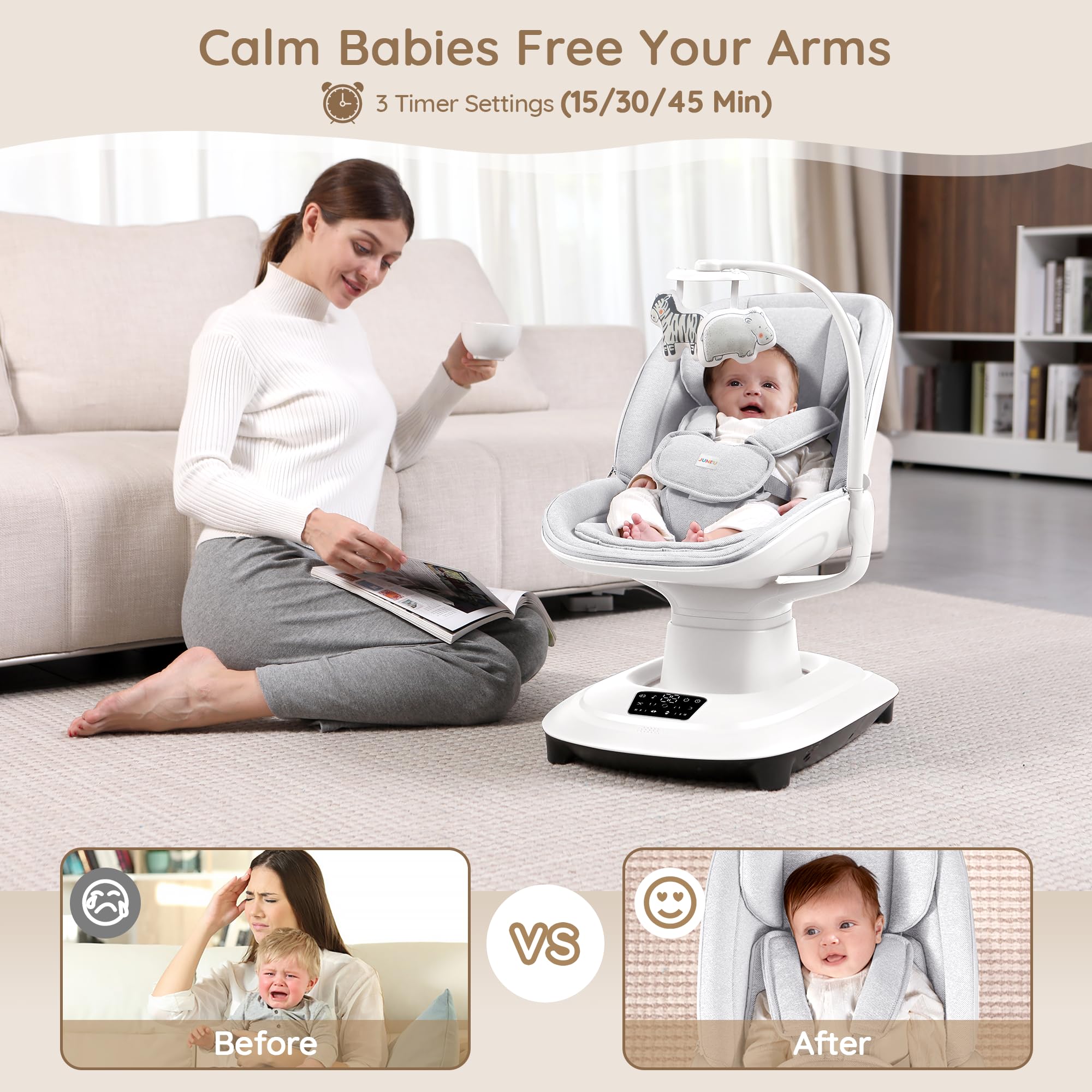 JUNEU baby swing assembles quickly with tool-free setup and clear instructions