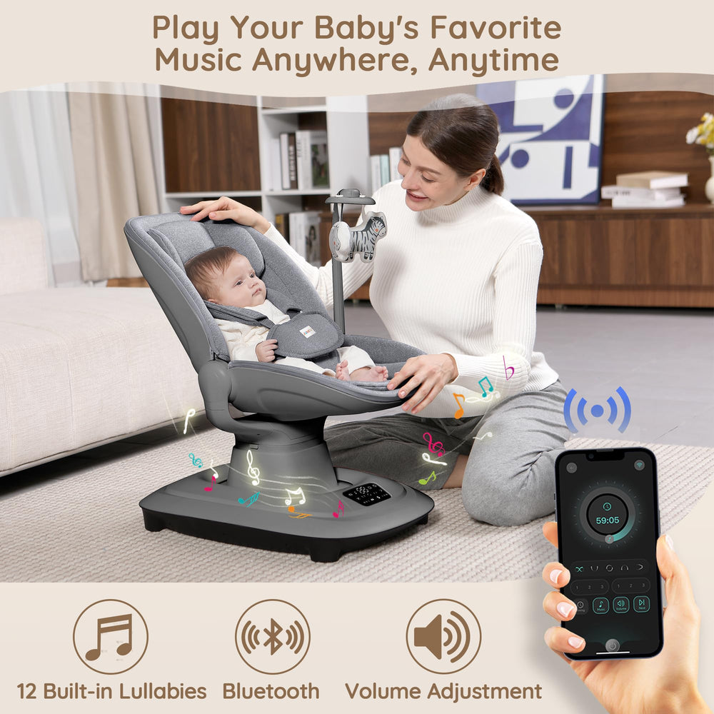 JUNEU swing offers 12 built-in melodies to entertain and soothe.
