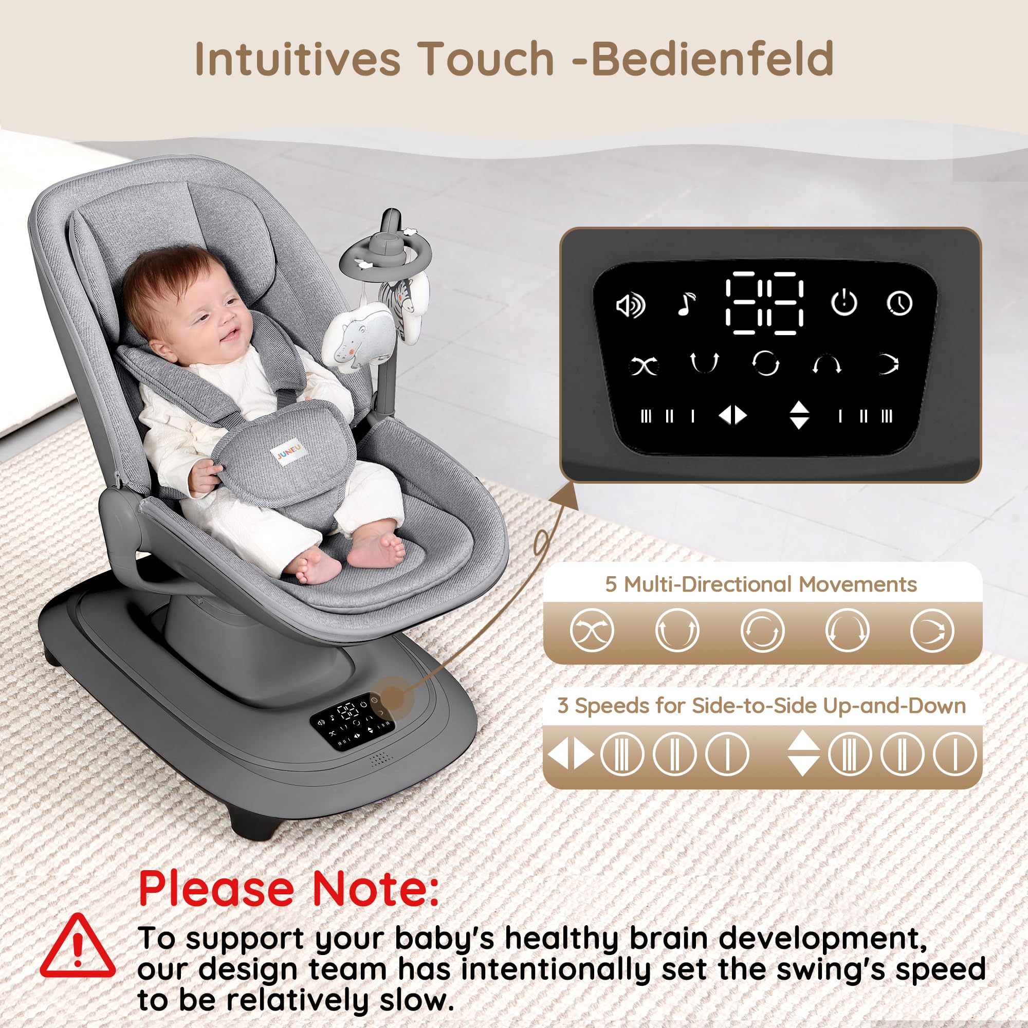 JUNEU baby swing shows 3 adjustable positions for feeding, play, and rest.