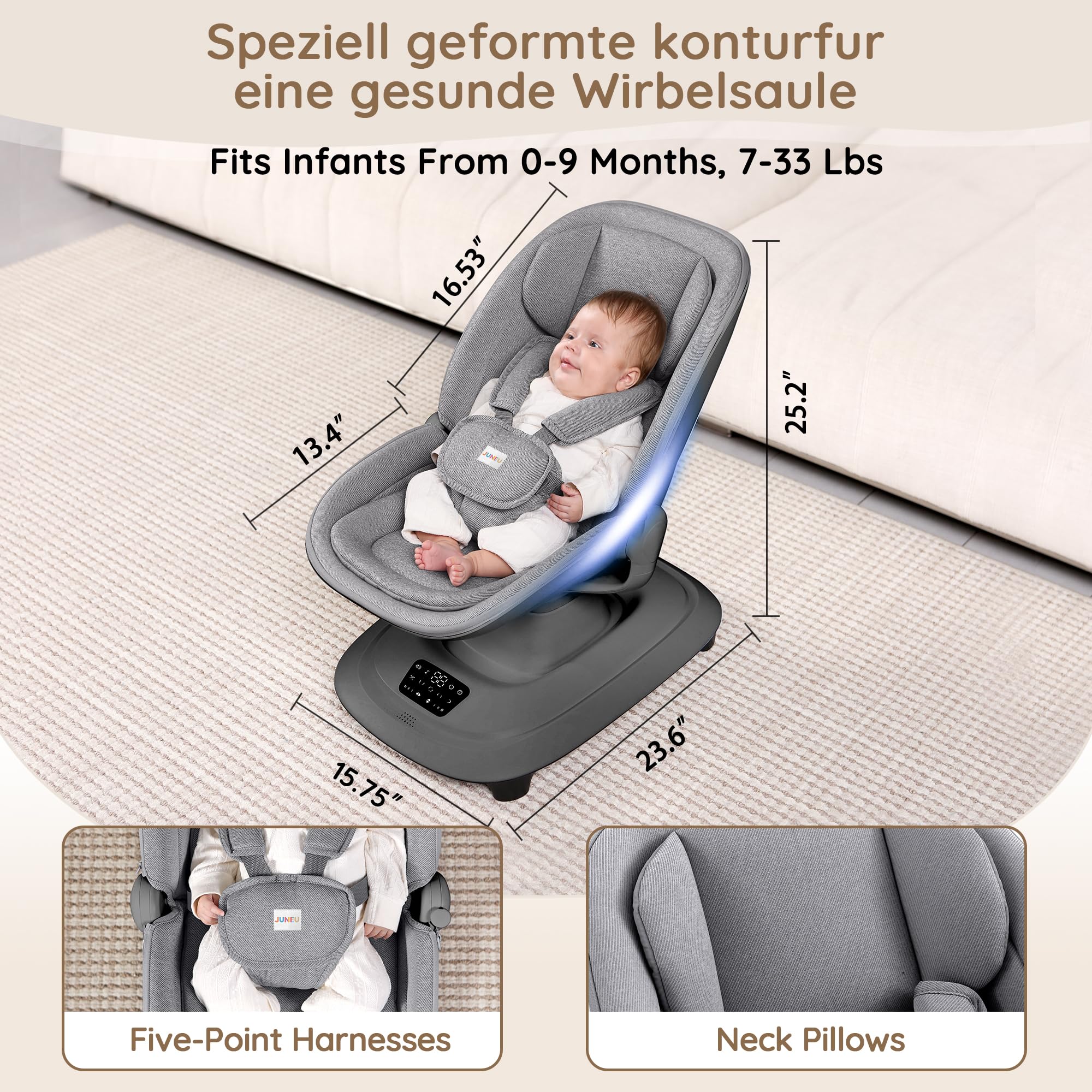 JUNEU swing with 5-point harness enhances safety during calming sessions.