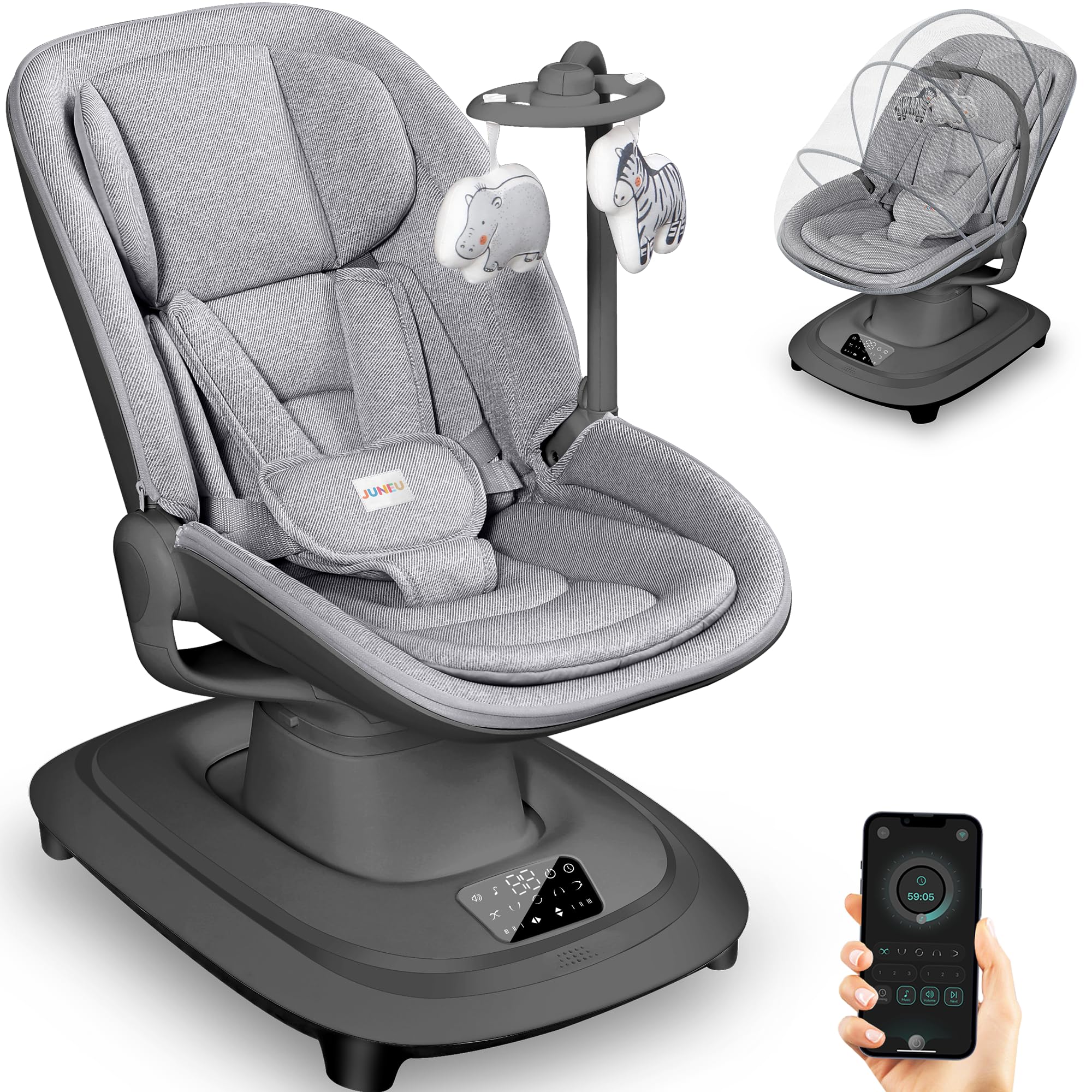 JUNEU baby swing with smart motion system, soothing infants with adaptive rocking.