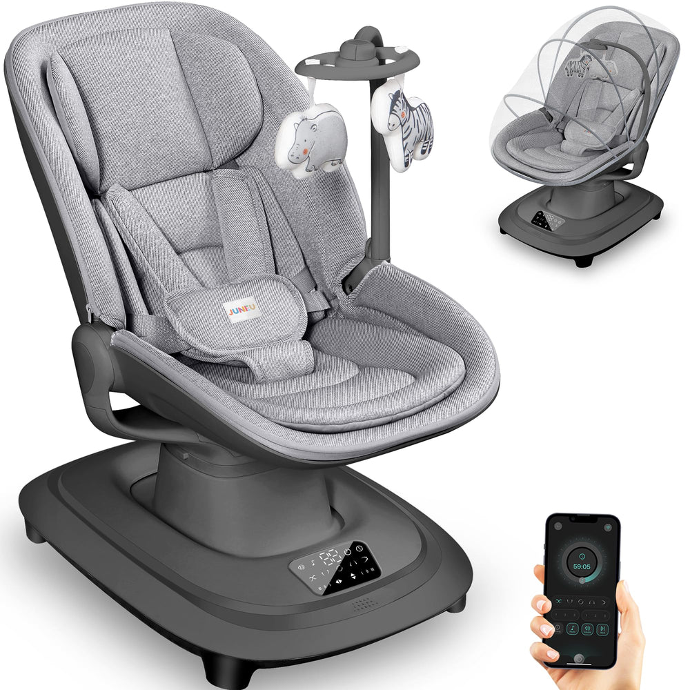 JUNEU baby swing with smart motion system, soothing infants with adaptive rocking.