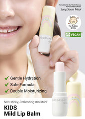 JUNGSAEMMOOL KIDS lip balm close-up shows hydrating formula for dry lips.