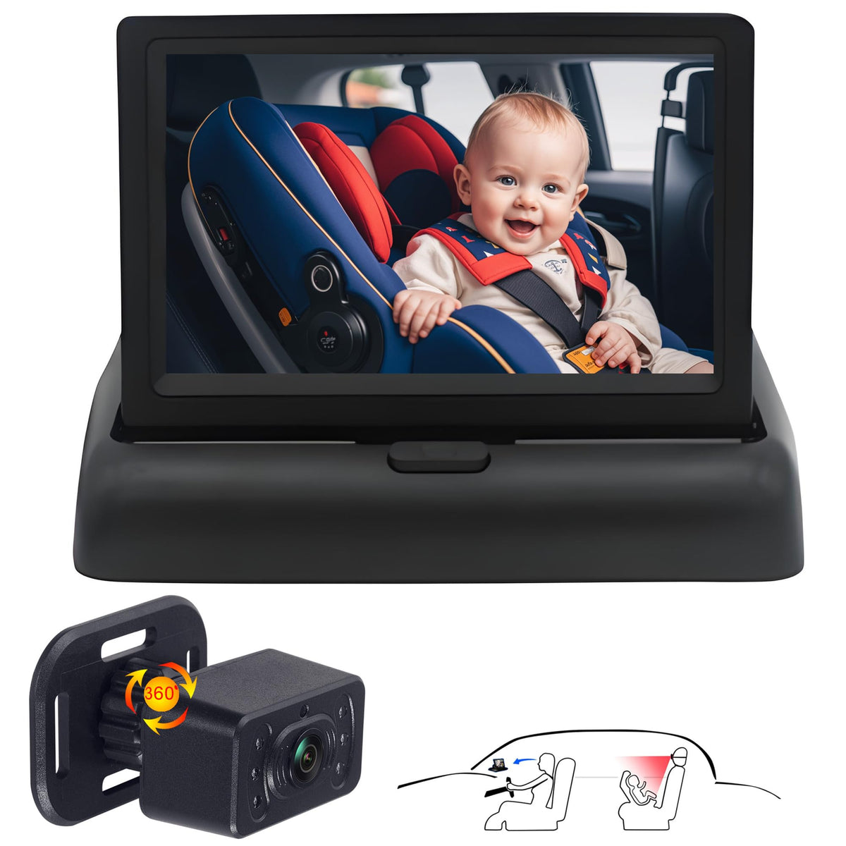 JUNHAOZ baby backseat camera installation demonstrates quick headrest strap setup for travel safety