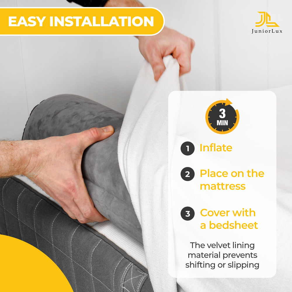 JuniorLux bed rail under-sheet setup shows seamless, discreet installation.